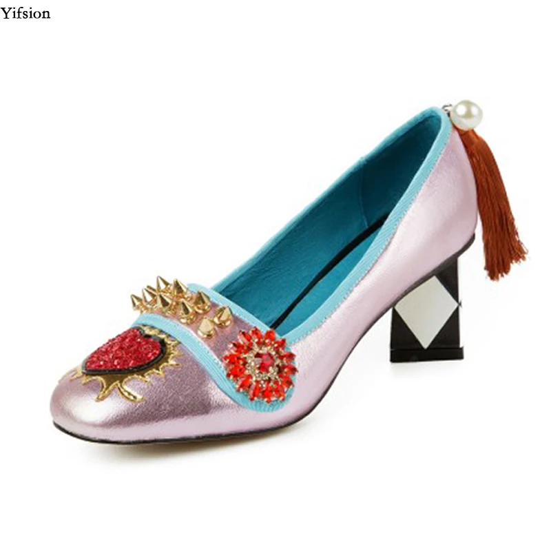

Yifsion Women Pumps Square Sexy Rivets High Heel Pumps Square Toe Gorgeous Pink Blue Beige Party Shoes Women Plus US Size 3-10.5