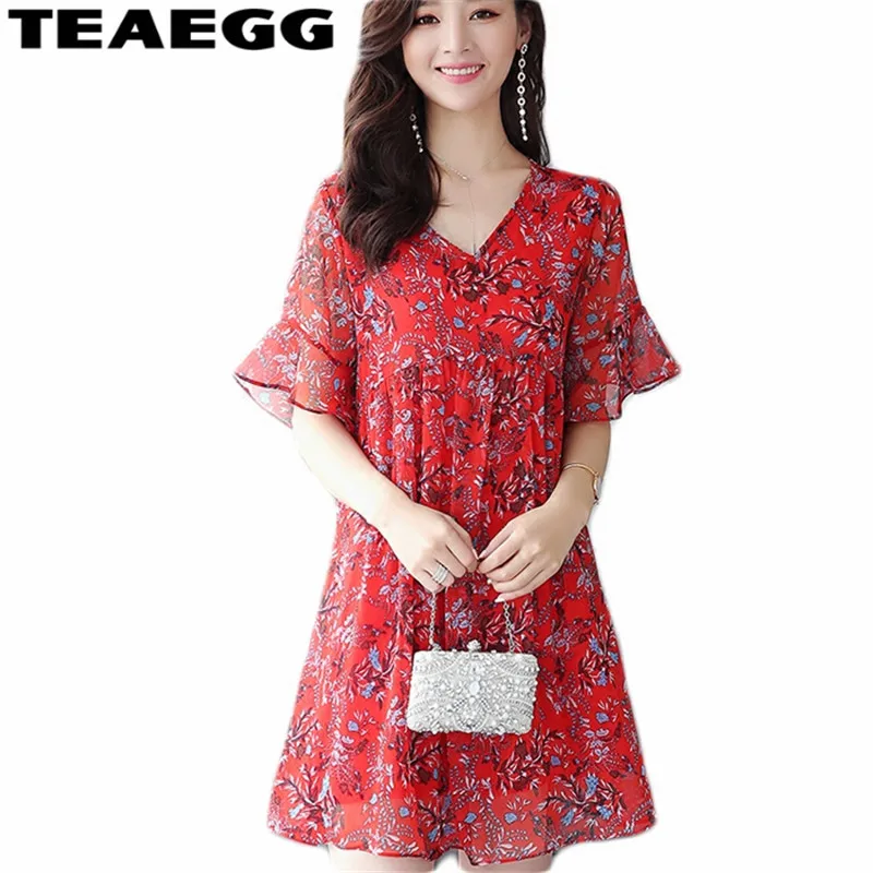 TEAEGG свободное платье Vestido Цветочное Femme шифоновое мини красное женская одежда 2020