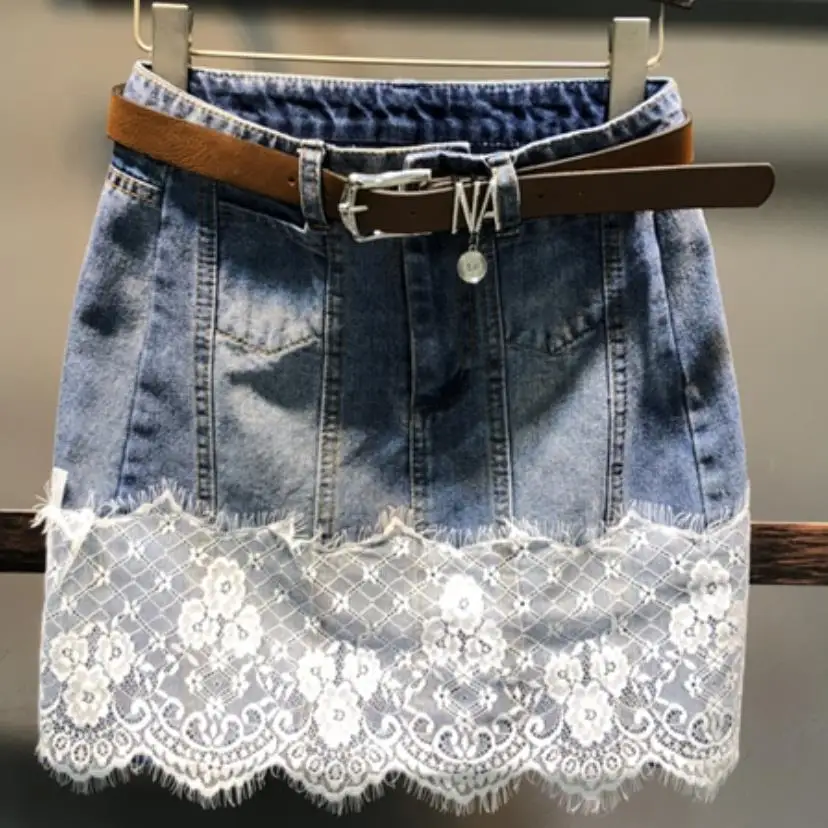 

Denim skirt 2019 spring new high waist package hip skirt lace stitching short jeans skirt plus size 3XL