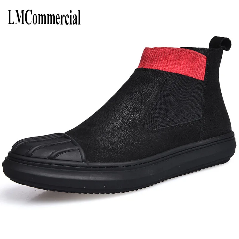 Chaud Bottes Martin Rétro Vache Hommes Respirant Velvet Véritable Cuir allumette Chaussures Haute Black noir Velours De Tout Mâle Sneaker 6ZXwx8
