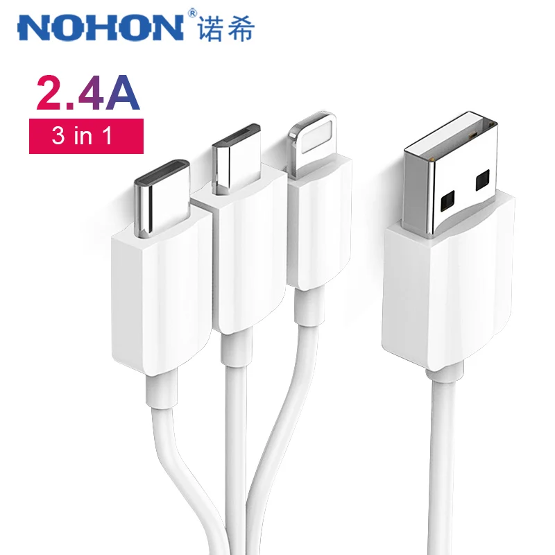 NOHON 3 в 1 Micro USB Type C кабели для зарядки 8 Pin iPhone 7 Plus X Samsung Huawei Android IOS кабель