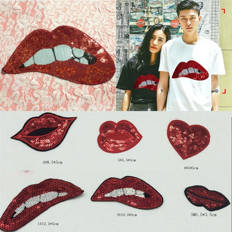 

2Pcs New Cloth Patch Lips Sequins Patches Iron On Or Sew Fabric Sticker For Clothes Embroidered Appliques DIY