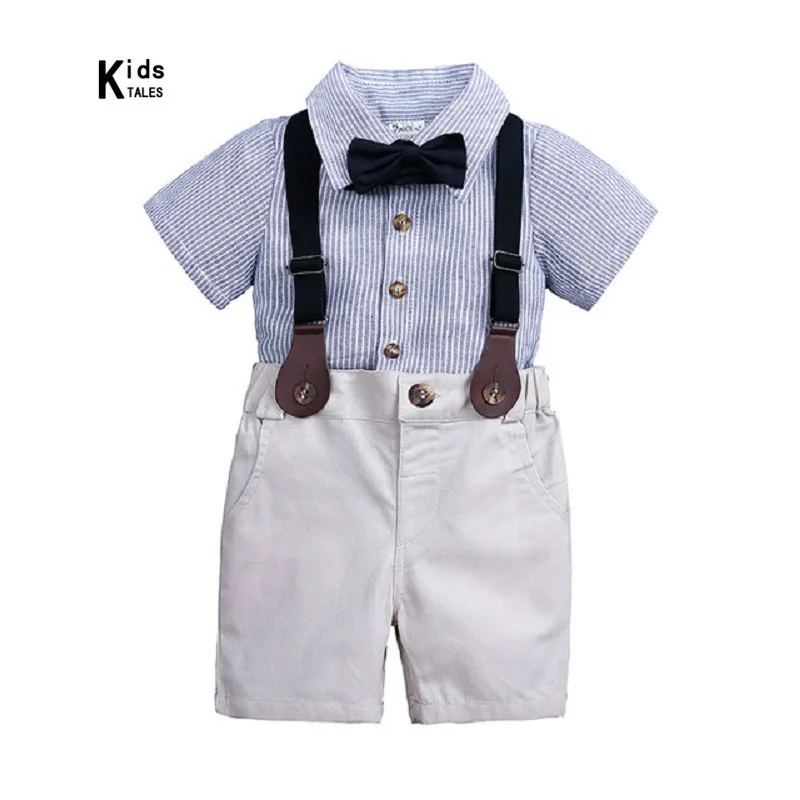 

New Little boys gentlemen set for summer suit for kids official party with a bow bib pants 6M-3T baby boy striped Costumes