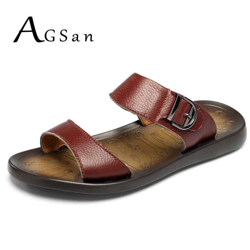 

AGSan Genuine Leather Men Slippers Comfortable Soft Mens Sandals Black Brown Casual Zapatos Hombre Slip On Beach Shoes Solid