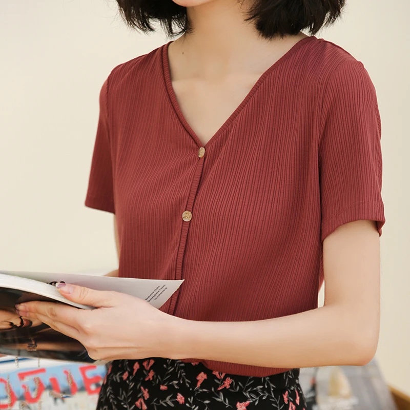 

2019 Korean Chic Single Breasted V-Neck Short Sleeve Slim T Shirt Women Summer Vintage All-match Tees Tops Woman Casual Tshirts