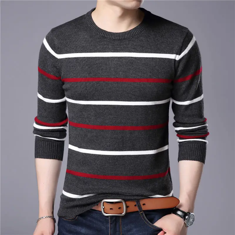 Осенний пуловер, Мужская брендовая одежда, зимний шерстяной приталенный свитер, мужской повседневный Полосатый пуловер