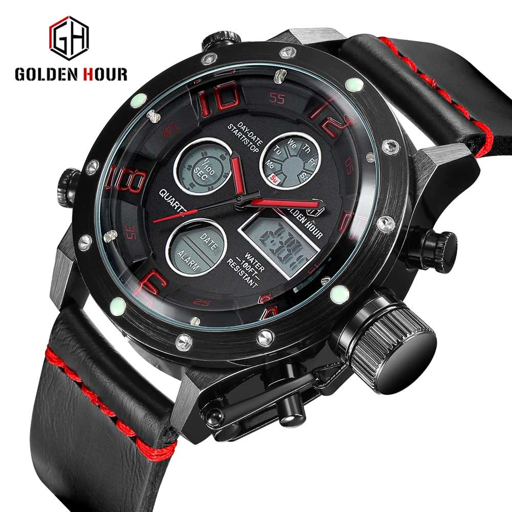 

GOLDENHOUR Men Genuine Leather Strap Watches Man Watch Dual Display Wristwatches Digital LED Army Military Sport Relojes Hombre
