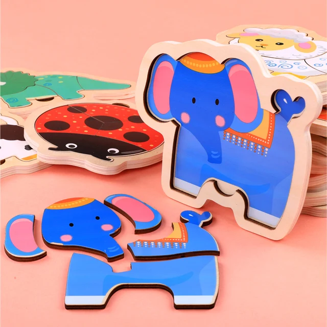 Wooden Baby Toy 3D Puzzles Jigsaw Board Colorful Animals Vehicles Fruts Cartoon Shapes Puzzle Toy for Children Baby Boys Girls 2