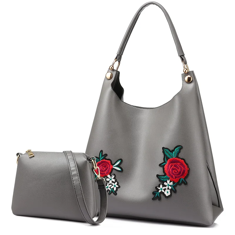 Женская сумка с короткими ручками LOVEVOOK, большая наплечная сумка-хобо с вышивкой, черная сумочка через плечо с розой, набор сумок из искусственной кожи для зимы