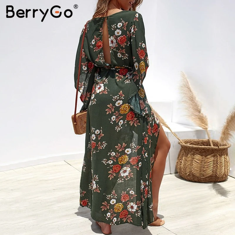 BerryGo Бохо цветочный принт женское длинное платье летние платья Асимметричный рукав пояса Сплит шифон Платья пляжные женские vestidos