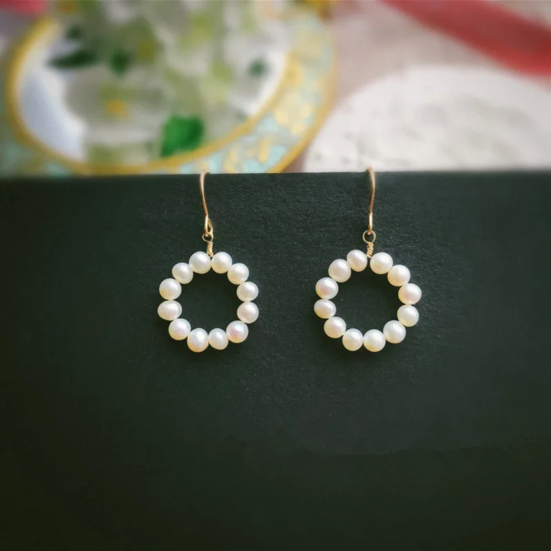 

PINJEAS handmade gold fillied circle natural fresh water pearl minimalist drop earrings for women jewelry