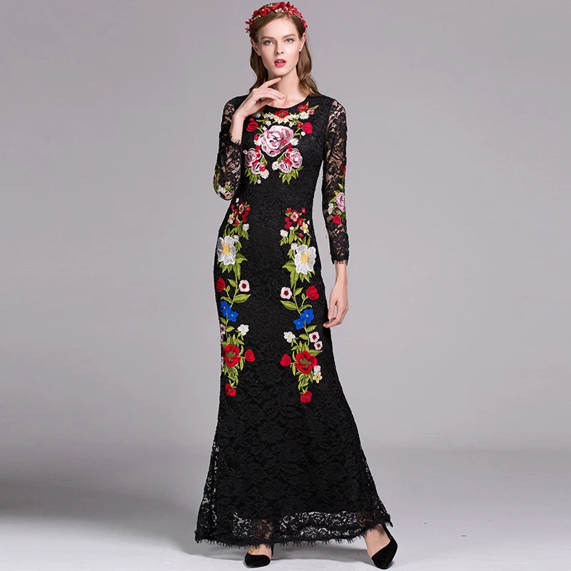 

High quality New Fashion 2017 Designer Dress Floor Length Women's Long Sleeve Lace Flower Embroidery Mermaid Long Dress