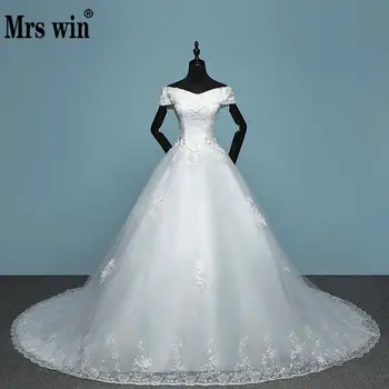 

2020 New Arrival Mrs Win Applicue Wedding Dress Lace Boat Neck Sweep Brush Train Bridal Gown lace Up Cap Sleeve Frock Dress