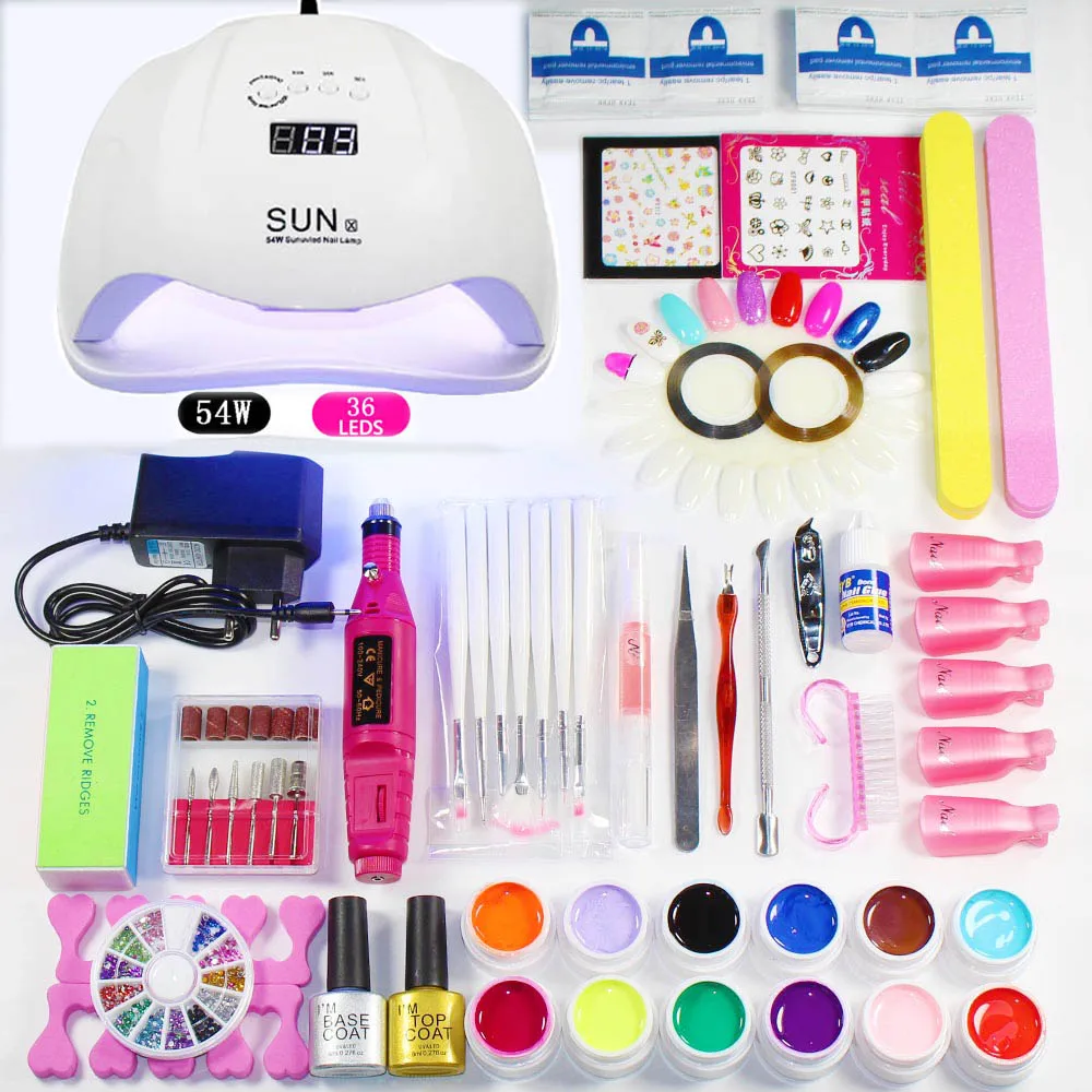 12 Цвет УФ Гель-лак для ногтей UV светодиодный лампы для ногтей Nail art Набор Комплект лак для ногтей гель с лампой и Пилочки для ногтей сверла маникюрный набор