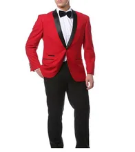 Red Jacket + Black Pants and Bow Tie Hankerchief Groomsmen Shawl Lapel Groom Tuxedos Side Vent Men Suits Wedding Best Man B925