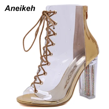 

Aneikeh 2019 Summer New Women's Boots Fashion Casual Transparent Cross Straps Open Toe Zipper Crystal Heel Women's Boots