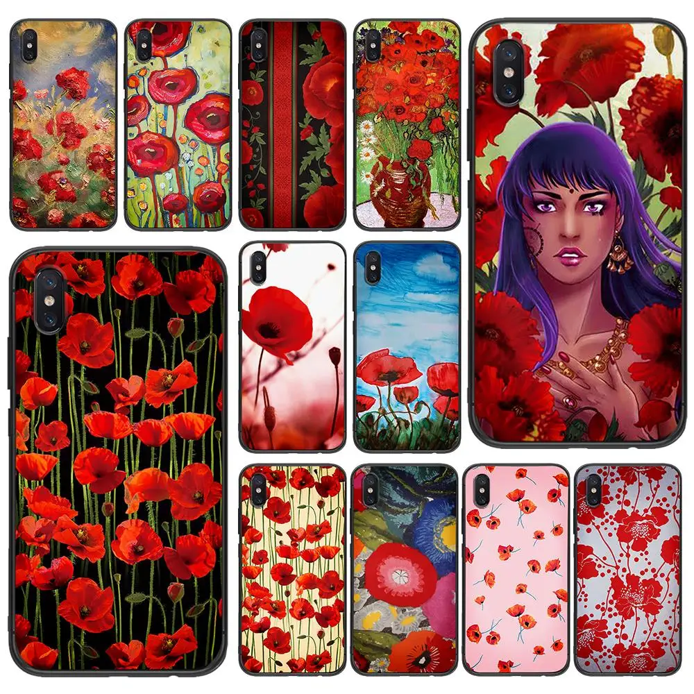 Красный Маки на черном стиле мягкий TPU для Xiaomi Redmi Mi6 8 9 A1 A2 F1 Plus чехол 5/5 M8 Lite