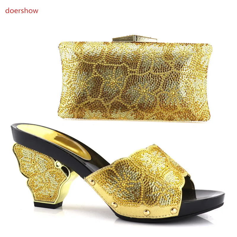 

doershow GOLD African Matching Shoe and Bag Set Decorated with Rhinestone Nigerian Women Shoes and Bag Set for Wedding!HV1-57