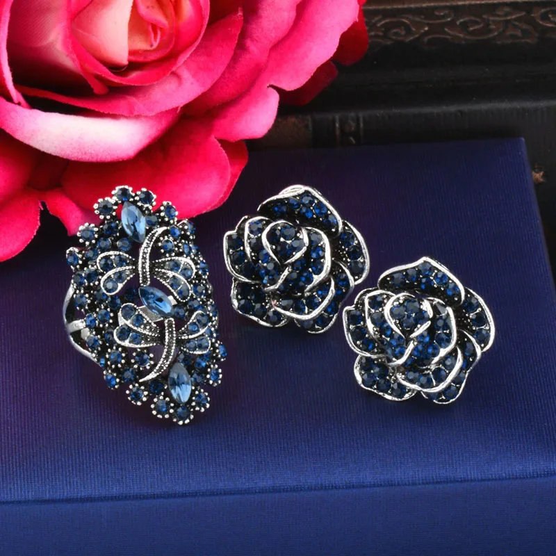SINLEERY Модный Блестящий синий кристалл стрекоза кольца и цветок серьги набор украшений для женщин Свадебная вечеринка TZ062 SSO