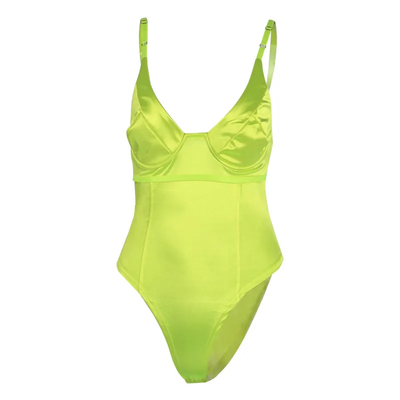 bodysuit women Bangniweigou V Neck Satin Feel Lime Green Bodysuit Women Summer Bodycon Candy Color Rompers Backless Straps Tank Leotard shapewear bodysuit