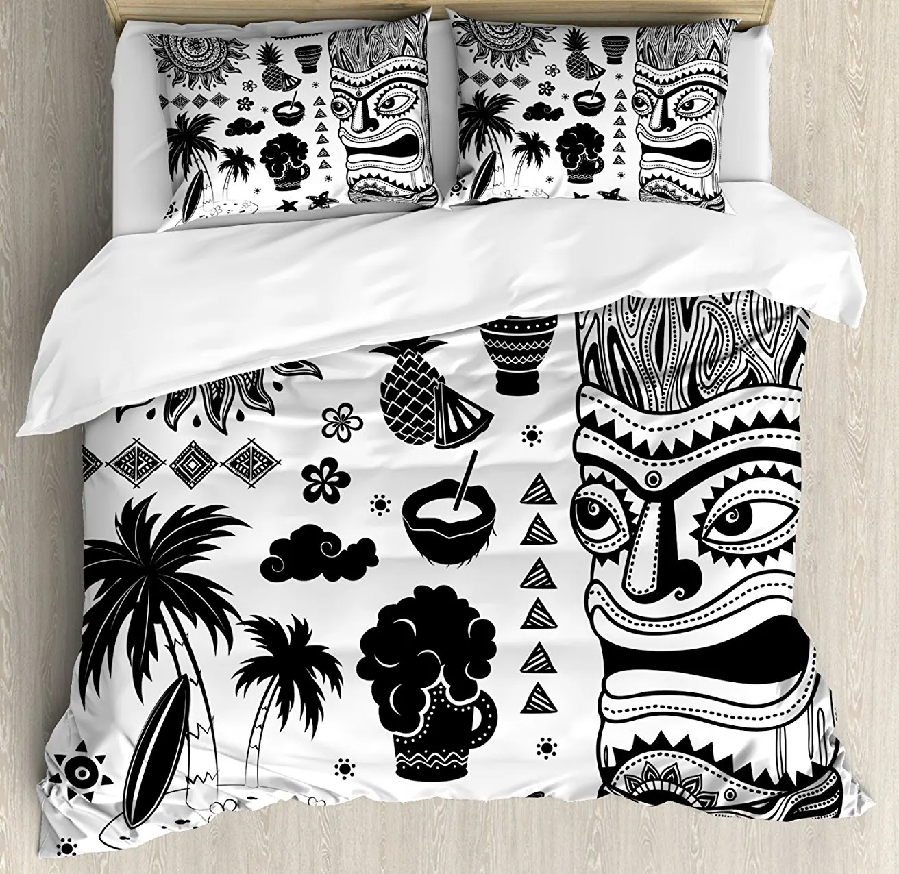 

Tiki Bar Duvet Cover Set Tribal and Ethnic Composition Palms Pineapple Paradise Vintage Ancient Figure, 4 Piece Bedding Set
