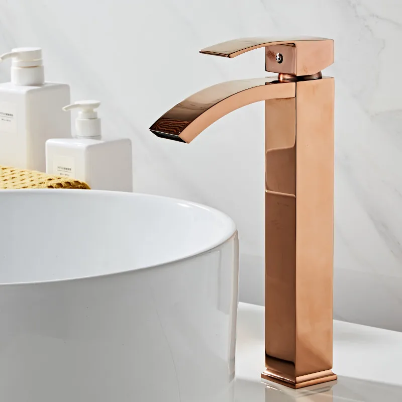 Günstig Becken wasserhahn messing bad wasserhahn einzigen griff torneiras para pia de banheiro Rose Gold waschbecken wasserhahn wasserfall wasserhahn