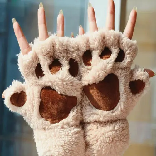 Новые милые женские перчатки с кошачьими лапами, плюшевая перчатка, костюм милые зимние теплые перчатки с половинными пальцами, женские перчатки, варежки - Цвет: Бежевый
