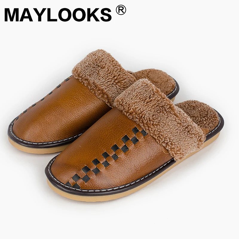 online Chinelos de Inverno dos homens de Couro genuíno Grosso Com Chinelos Casa de Pelúcia Interior Não deslizamento Térmica 2018 Nova Venda Quente maylooks Tb014