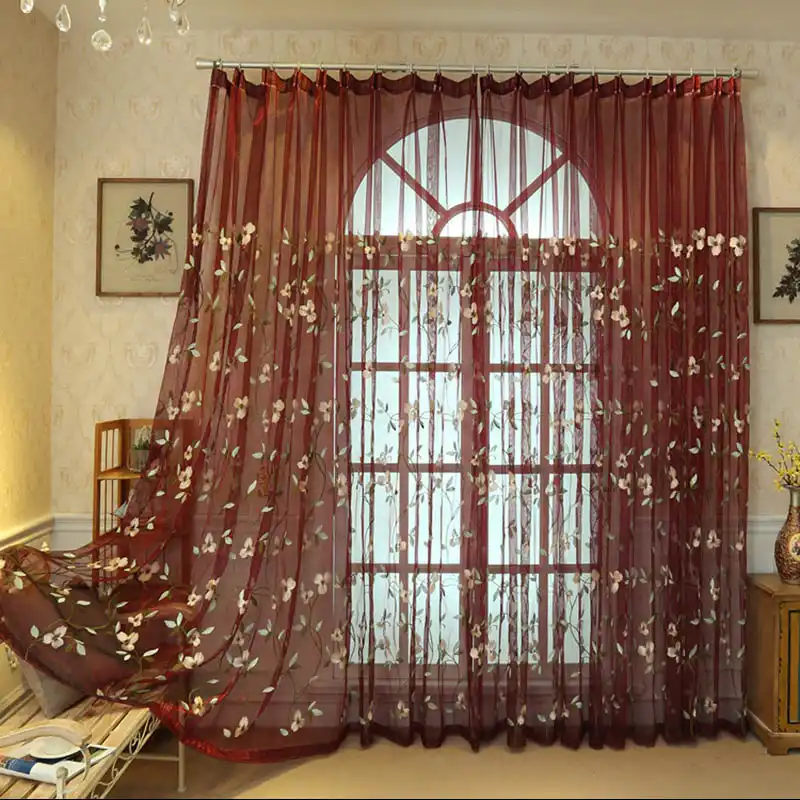 Rustic Embroidered Floral Burgundy Red Sheer Curtain Panels For