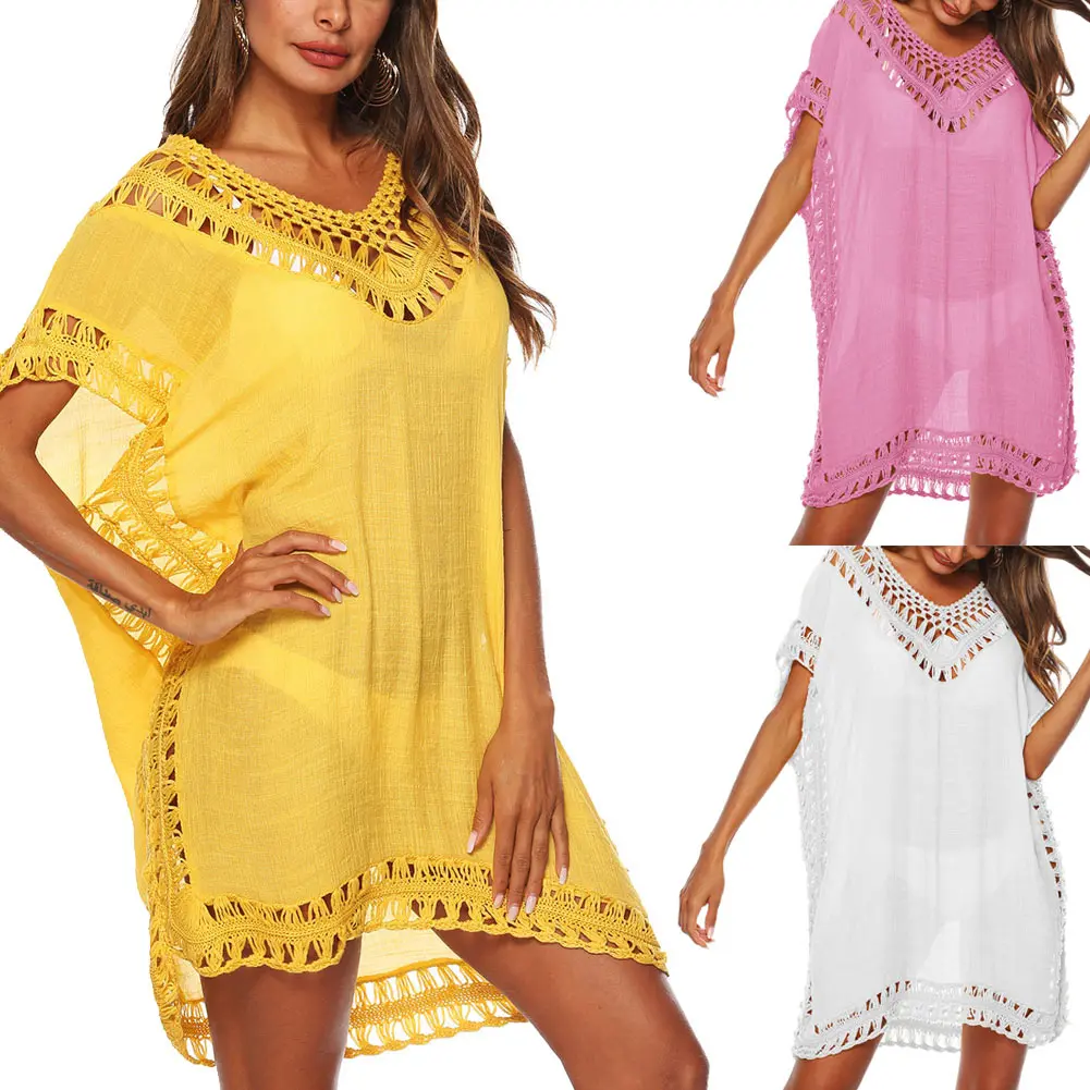 

Women Bikini Swimsuit Cover Summer Boho V-neck Kaftan Tunic Hollow Loose Beach Dress FG66