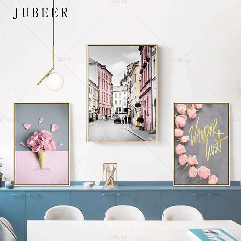 

Nordic Landscape Poster Street Architecture Canvas Painting Rose Wall Art Picture Interior Decoration Picture Modern Home Decor