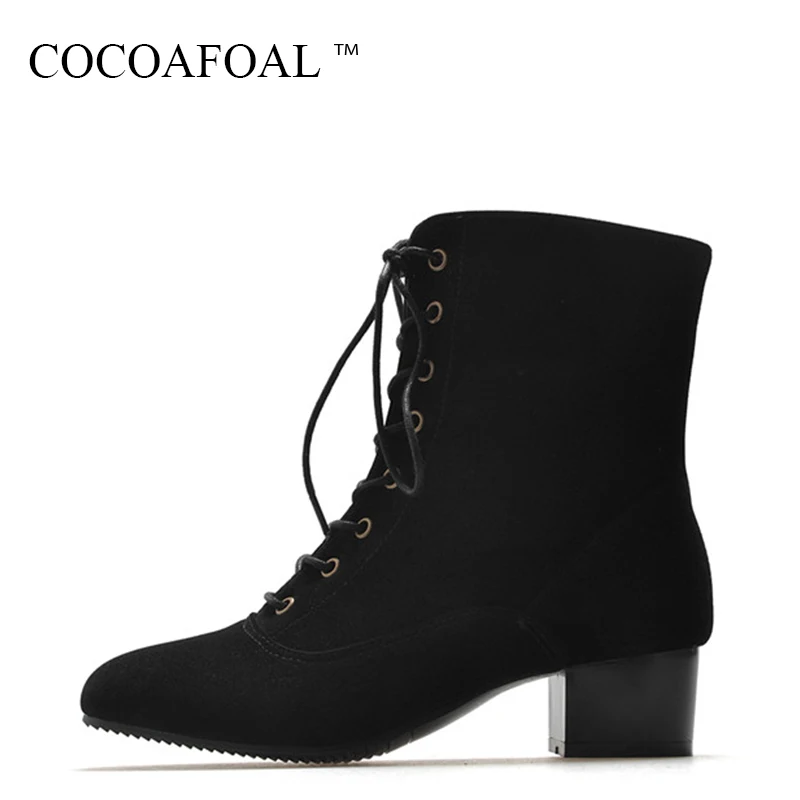 

COCOAFOAL Woman Fashion Sexy Plus Size 33 43 44 High Heel Shoes Winter Plush Ankle Boots Black Lace Up Round Toe Ankle Boots