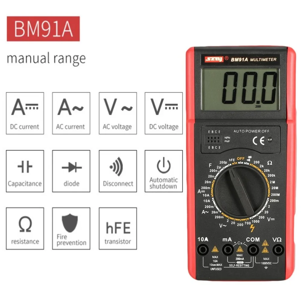 SZBJ BM91A цифровой ЖК-мультиметр Вольтметр Амперметр AC DC диод hFE Сопротивление Емкость Вольт Тест er Тест ток распродажа