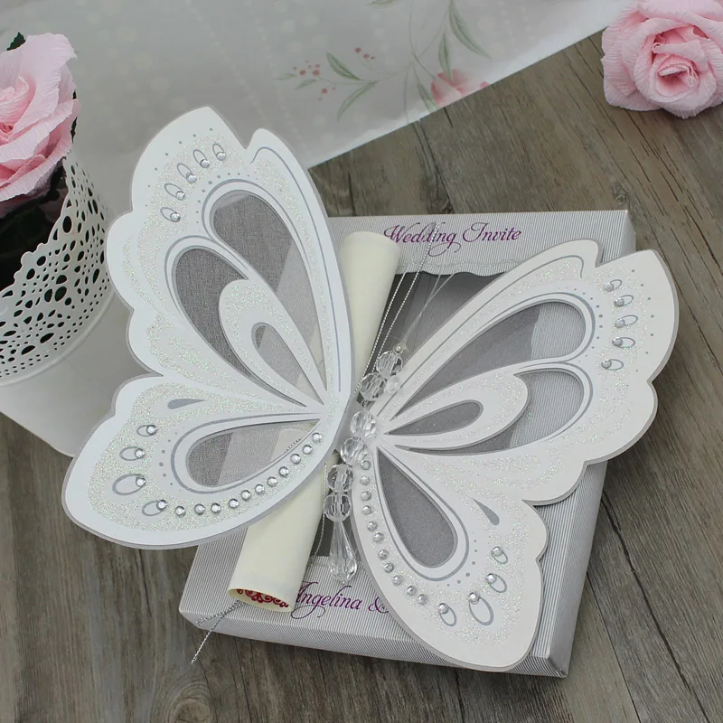 50 шт./лот Индивидуальные бумажные поздравительные открытки приглашения бабочка свадебные приглашения карты в коробке