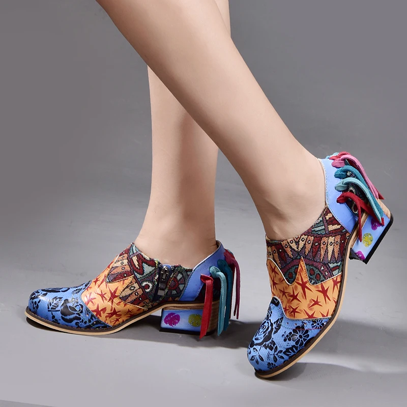 

2019 autumn new personality tassel printing shoes women leather pumps multi color comfortable handmade lady high heel shoes