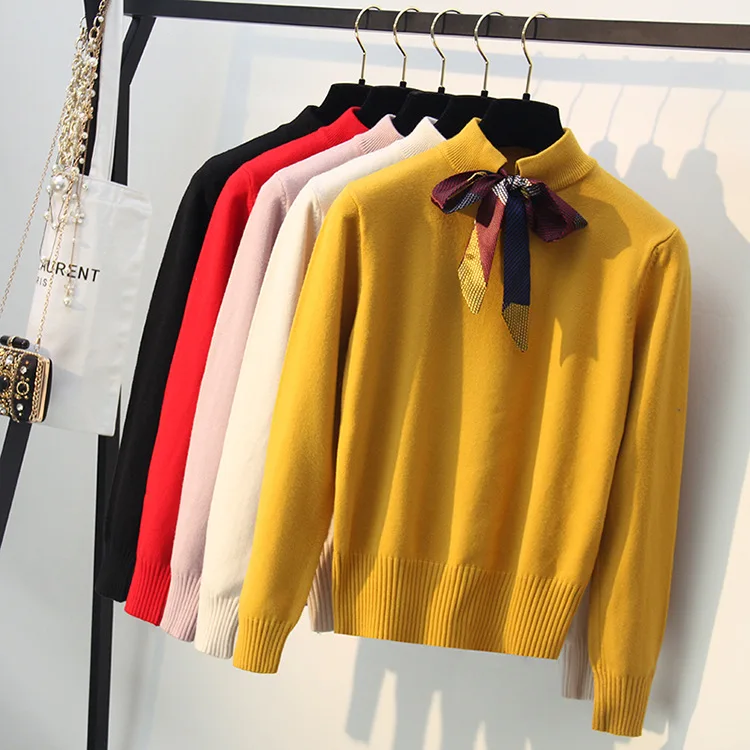 Preppy Knotted Decoration Bowtie Women Pullover Sweater Autumn Winter Long Sleeve School Girl Sweaters Top Knitted Pull D309
