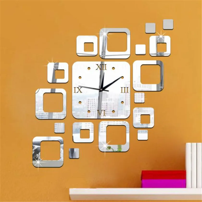 

2019 Square Mirror Silver Wall Clock Modern Design Home Decor Watch Wall Sticker Silent quartz clock movement #30