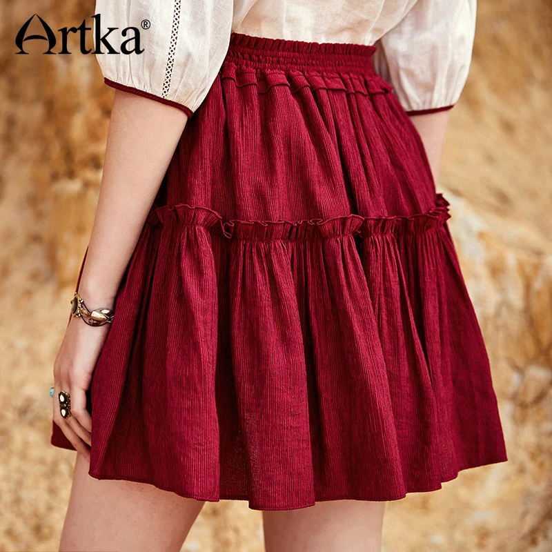 

ARTKA 2018 Summer New Bohemian Women's Solid A-line Drawstring Pleated All-match Retro Red Mini Skirt QA10186X