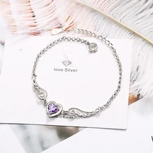 Фиолетовый Прекрасный Сердце крылья Ангела 925 серебряный браслет для женщин девочек ювелирные изделия pulseras mujer bileklik bransoletki
