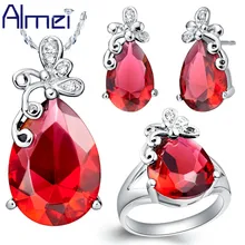 Almei Серебряная бабочка красный/фиолетовые Кристальные украшения набор женские свадебные аксессуары конъюнкт де с подвеской в виде кольца Анель de casamento T074