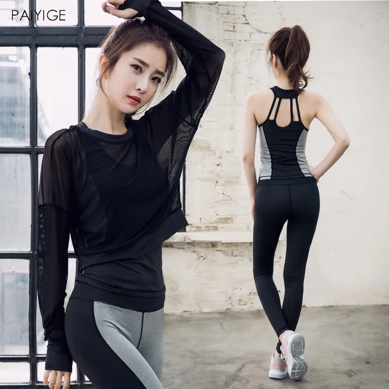 

3 PCS Women Yoga Set for Running Mesh Long Sleeve Shirt Fitness Bra Yoga Pant Sportswear Gym Clothing Women Workout Set