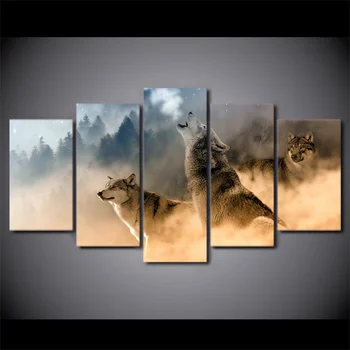 

5 Pcs Howling Wolf in Clouds Canvas HD Printed Poster Frame Painting Wall Art Pictures Framework Duvar Tablolar