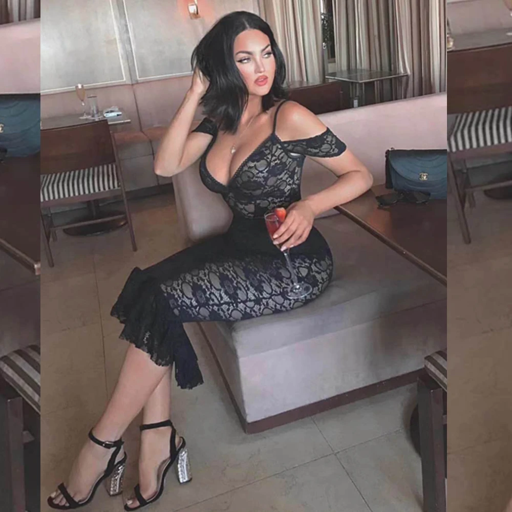 

Newest Women 2018 Sexy Black Summer Dress Hollow Out Spaghetti Strap Dot Bandage Dress Mid-Calf Evening Elegant Designer Dress