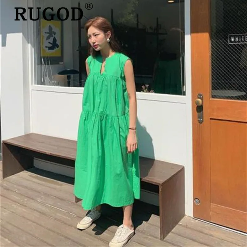 RUGOD корейское однотонное платье Макси большого размера, женское элегантное платье без рукавов, простое looose, женские платья vestidos, летнее платье для женщин