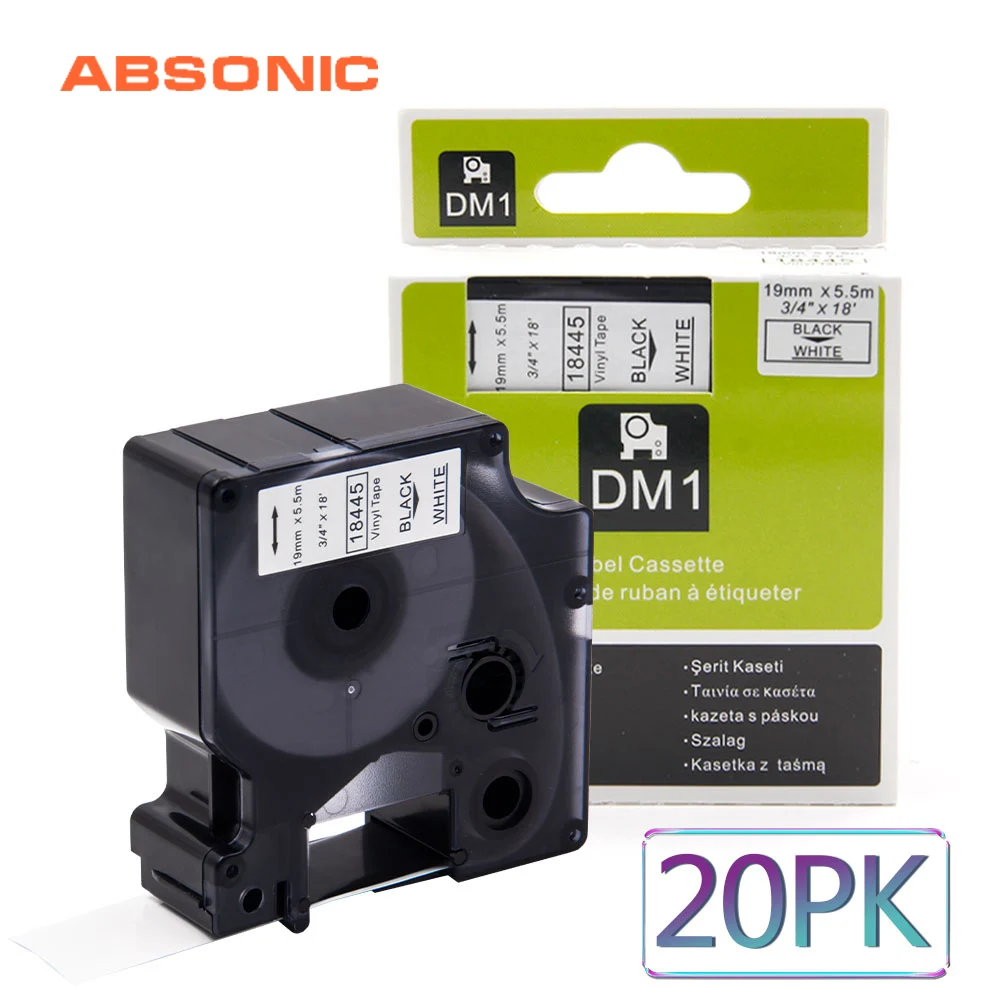 

Absonic 20PCS 19mm IND Vinyl DYMO Rhino 18445 Black on White Labeling Tape Industrial Cartridge For Rhino 4200 5200 6000 Printer