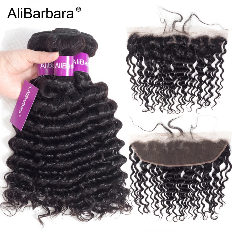 

AliBarbara Hair Malaysian Deep Wave bundles with frontal Remy human hair 13x4 lace frontal with 3bundle natural color hair weave