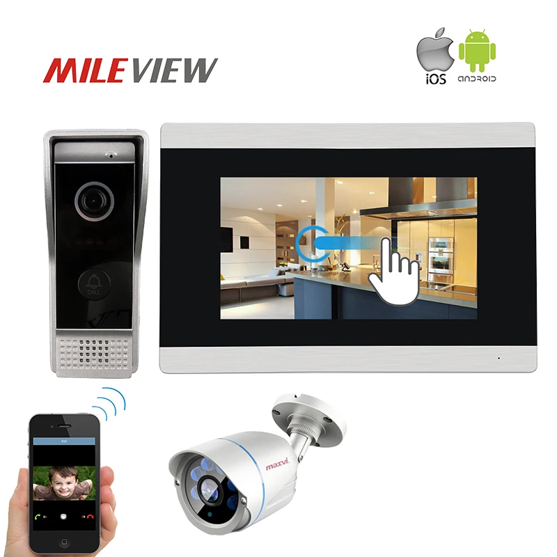 

Free Shipping 720P IP WIFI 7" Touch Screen Video Intercom Door Phone Record Monitor Kit for Phone 1.0MP IP Bullet CCTV Camera