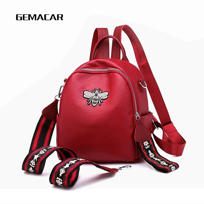 

2019 New Fashion Female Backpack PU Leather Bee Embroidered Leisure Small Girls Print Cute Backpack Waterproof Wide Straps