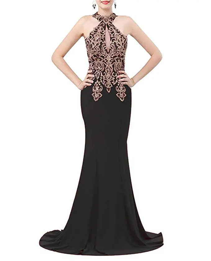 

2019 Satin Mermaid Prom Dress With Applique Beads Halter Zipper Sheer Tulle TOP Formal Dress Vestidos De Festa