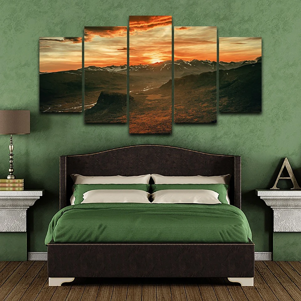 

Wall Art Pictures Home Decoration HD Printed Posters 5 Panel Mountains Sunset Landscape Modern Framework Living Room Painting